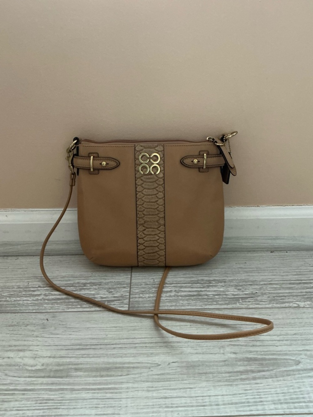 Coach Tan Leather Crossbody with Snake-Embossed Stripe and Gold Hardware